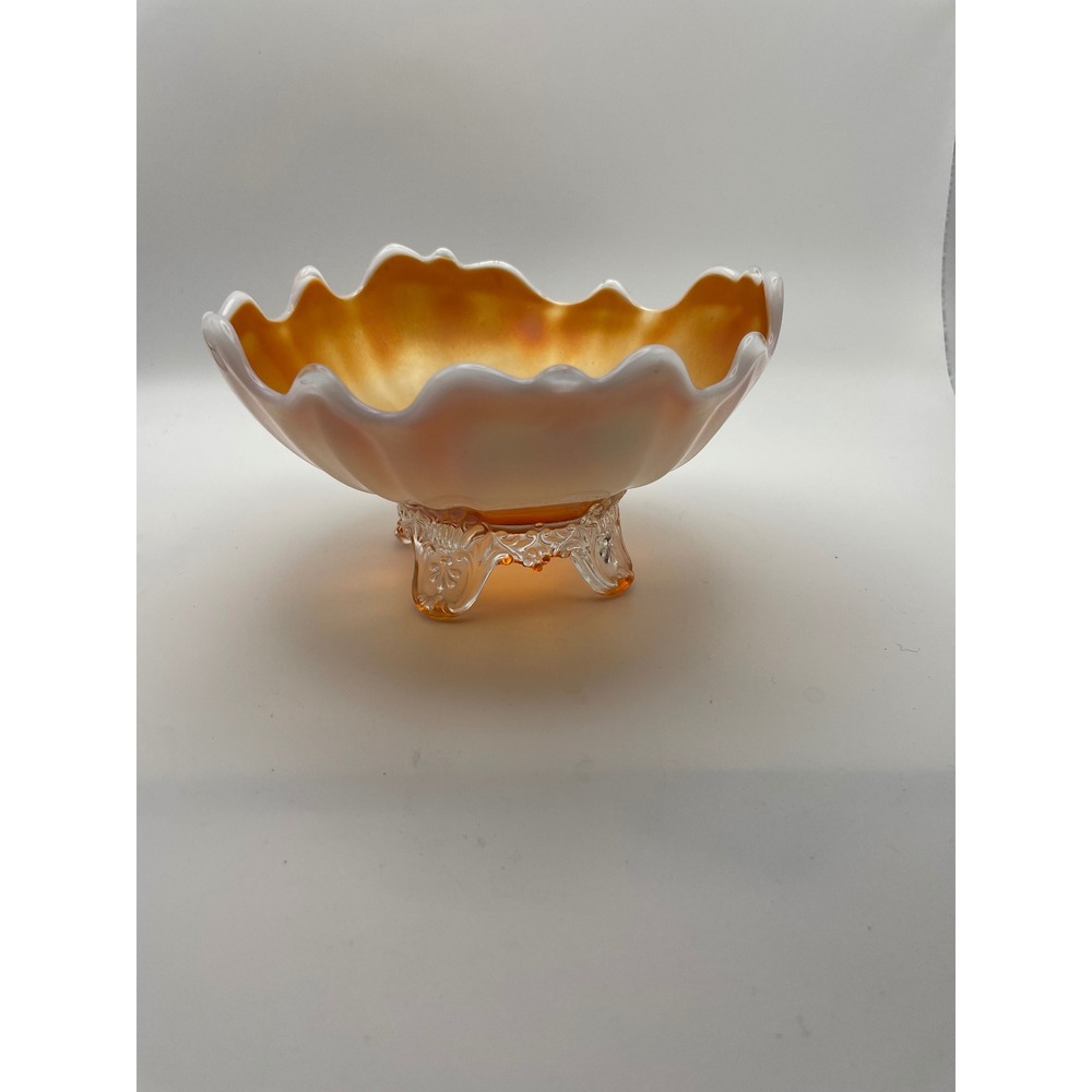 Vintage Fenton Peach Crest Carnival Glass Ruffled Footed Bowl Marigold Iridesce